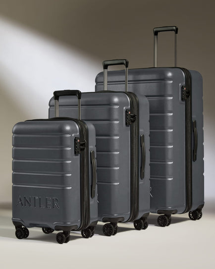 Antler Luggage -  Expandable Suitcase Set in Granite - Logo - Hard Suitcases Logo Set of 3 Suitcases Grey | Lightweight Hard Shell Luggage