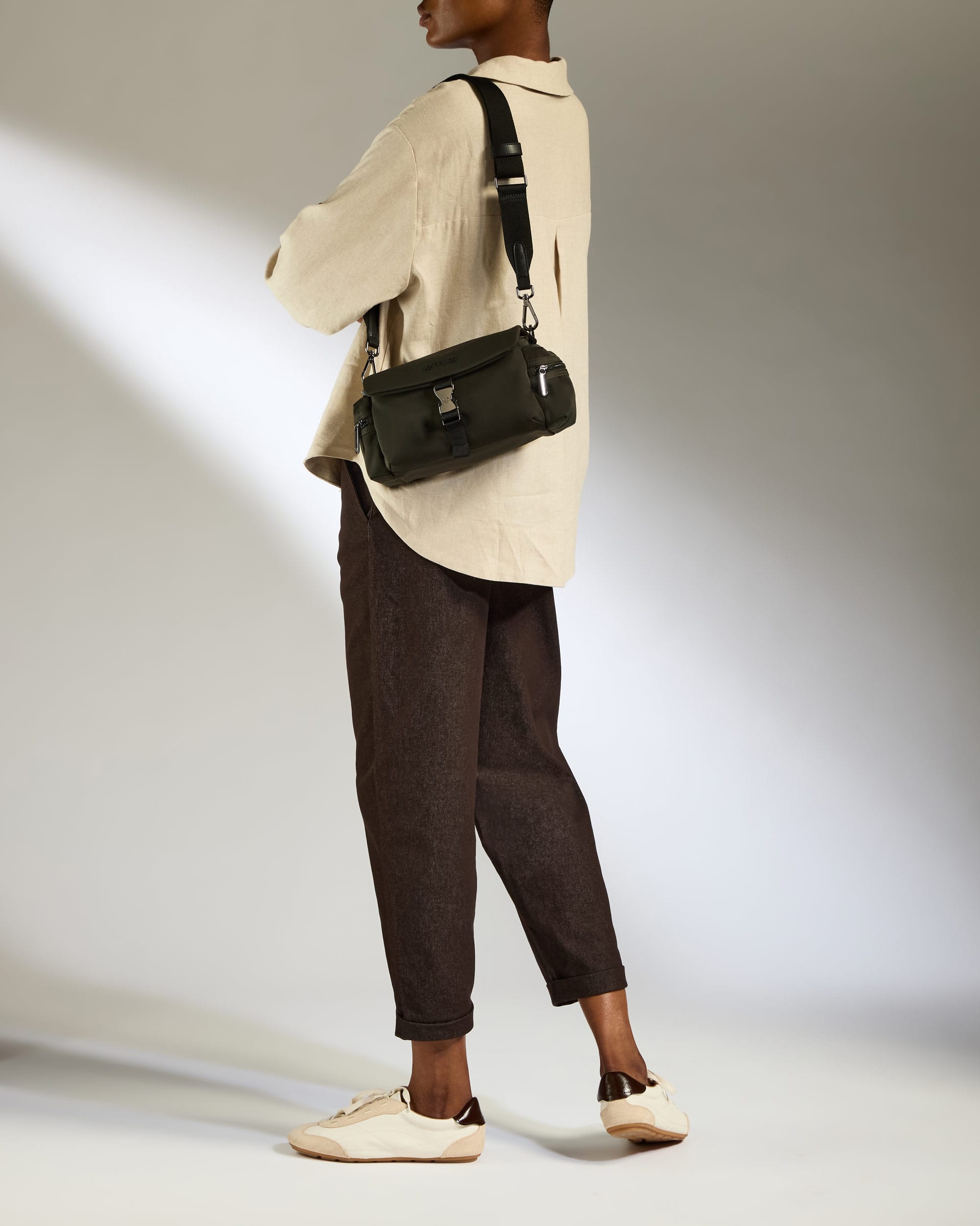Antler Luggage -  Icon Mini Messenger in Dark Khaki - Cross Body Bag Icon Mini Messenger in Khaki | Travel Bag | Canvas & Leather Bag