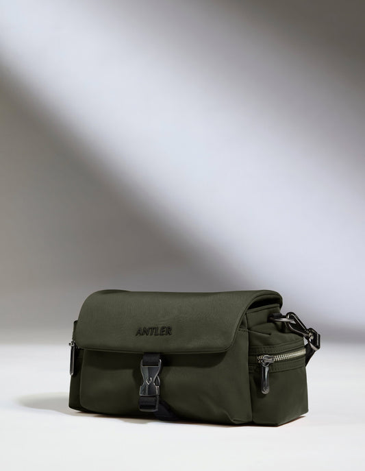 Antler Luggage -  Icon Mini Messenger in Dark Khaki - Cross Body Bag Icon Mini Messenger in Khaki | Travel Bag | Canvas & Leather Bag