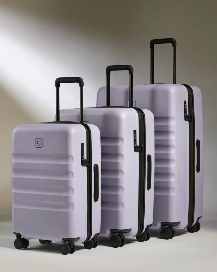 Antler Luggage -  Large Cabin Suitcase Set in Meadow Purple - Icon Stripe - Hard Suitcase - Large Cabin Set Large Cabin Suitcase Set in Light Purple - Icon Stripe | Lightweight & Hard Shell Suitcase