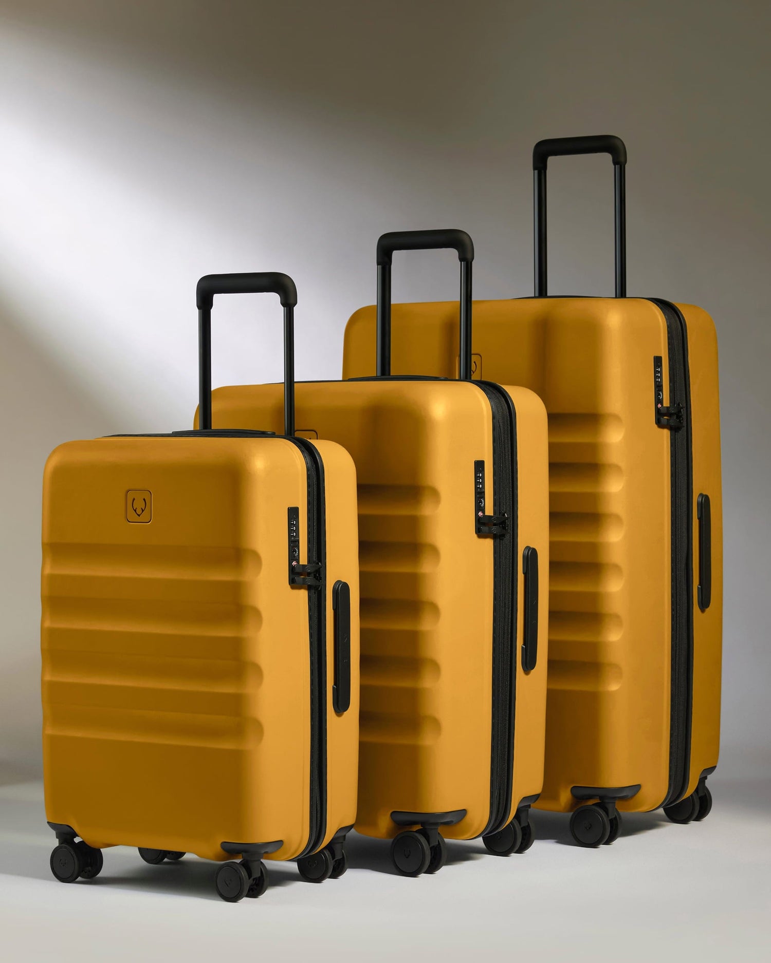 Antler Luggage -  Large Cabin Suitcase Set in Mustard Yellow - Icon Stripe - Hard Suitcase - Large Cabin Set Large Cabin Suitcase Set in Dark Yellow - Icon Stripe | Lightweight & Hard Shell Suitcase