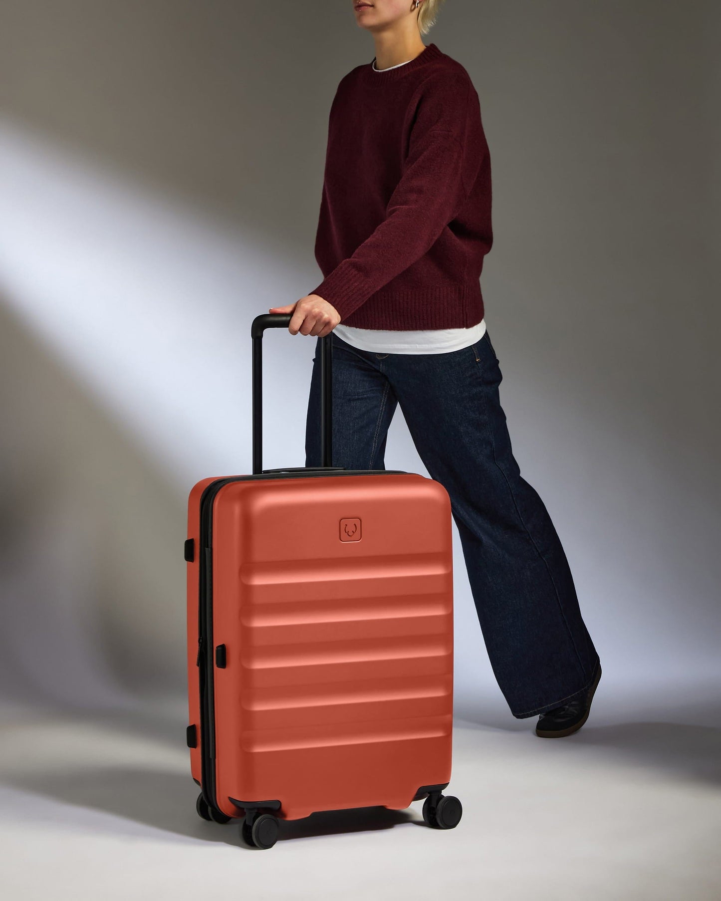 Antler Luggage -  Medium Suitcase in Buckthorn Red - Icon Stripe - Hard Suitcase - Medium Icon Stripe Medium Suitcase in Buckthorn Red | Lightweight & Hard Shell Suitcase