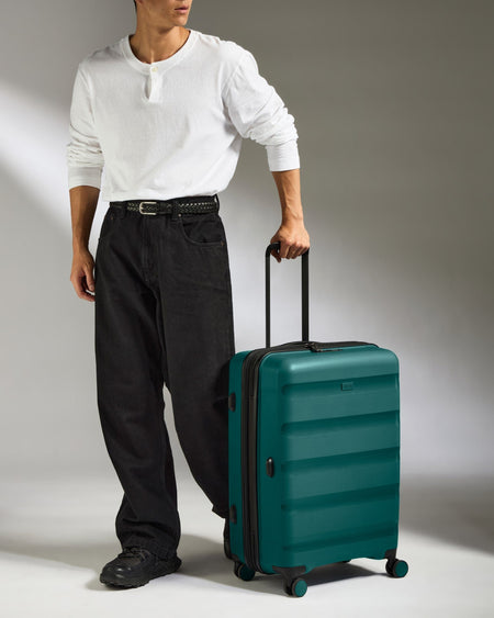 Antler Luggage -  Medium Suitcase in Deep Teal - Logo Stripe - Hard Suitcase - Medium Medium Suitcase Teal - Logo Stripe | Lightweight Hard Shell Luggage