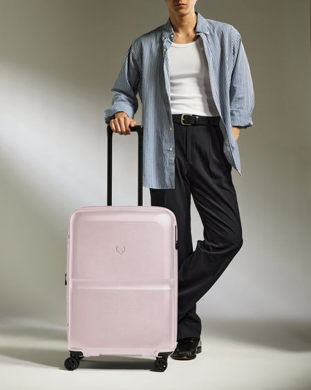 Antler Luggage -  Medium Suitcase in Dusk Pink - Single Stripe - Hard Suitcase - Medium Medium Suitcase in Light Pink - Single Stripe | Check Luggage