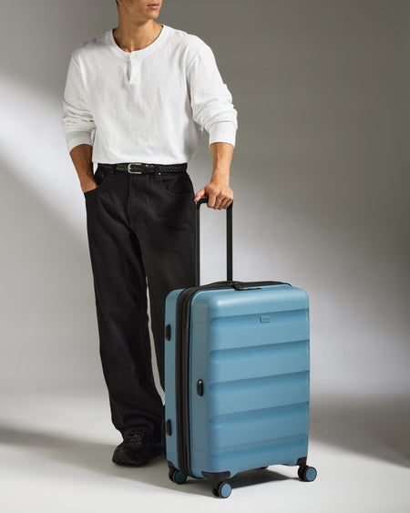 Antler Luggage -  Medium Suitcase in Light Blue - Logo Stripe - Hard Suitcase - Medium Medium Suitcase Light Blue - Logo Stripe | Lightweight Hard Shell Luggage