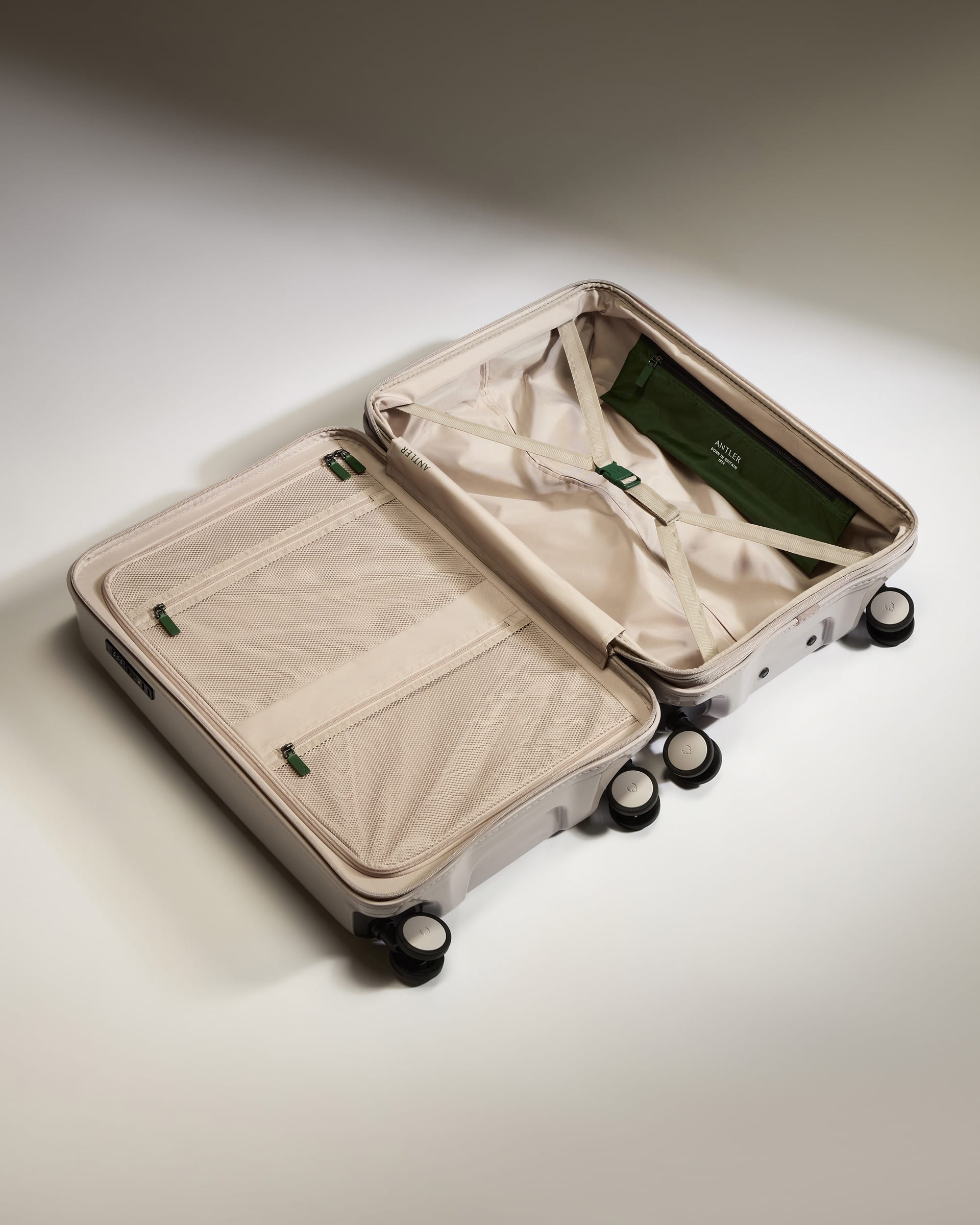 Antler Luggage -  Medium Suitcase in Taupe Gloss - Icon Stripe - Hard Suitcase Medium Suitcase in Taupe Gloss - Icon Stripe | Lightweight & Hard Shell Suitcase