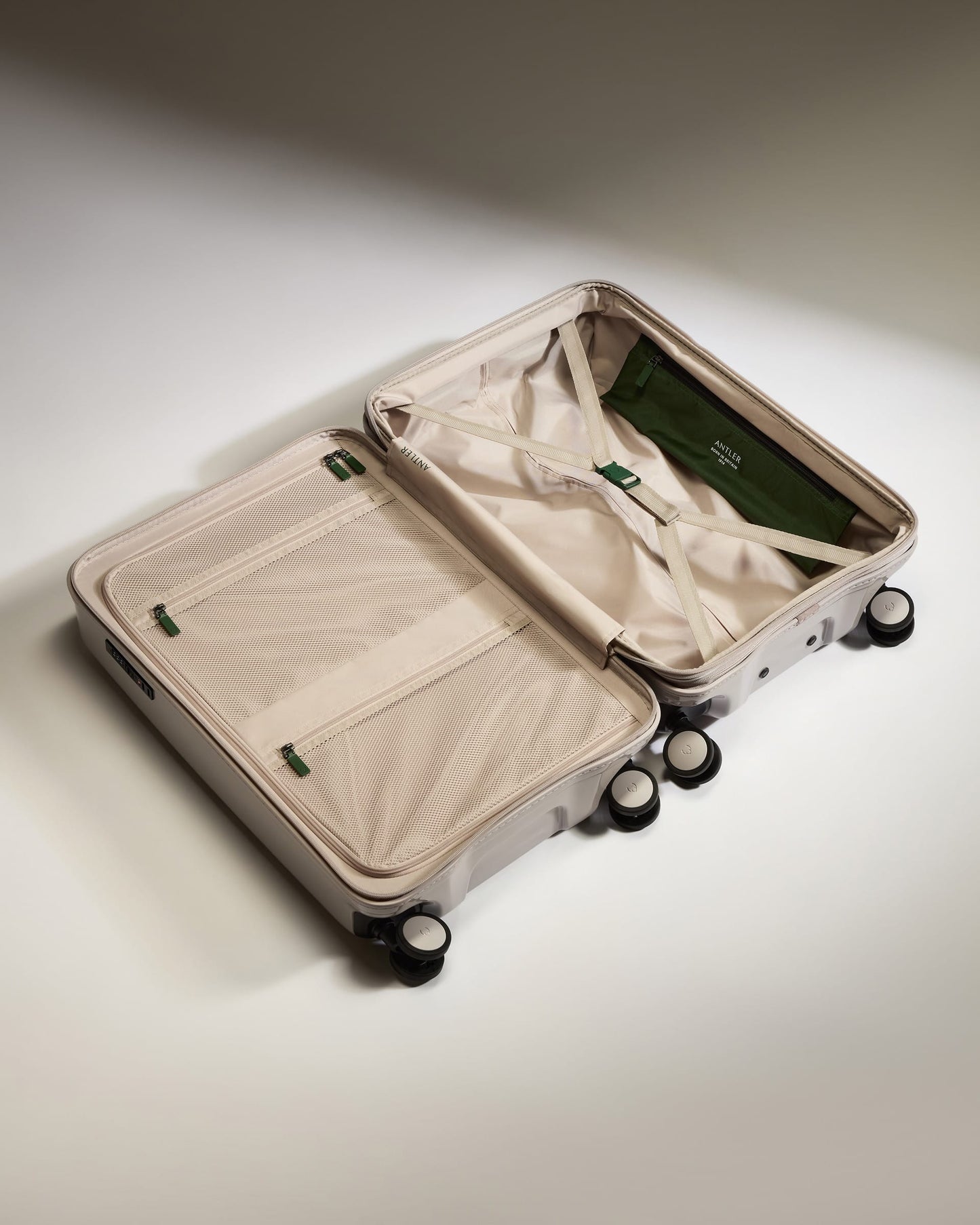 Antler Luggage -  Medium Suitcase in Taupe Gloss - Icon Stripe - Hard Suitcase Medium Suitcase in Taupe Gloss - Icon Stripe | Lightweight & Hard Shell Suitcase