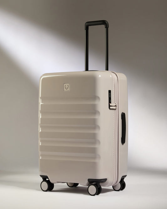 Antler Luggage -  Medium Suitcase in Taupe Gloss - Icon Stripe - Hard Suitcase Medium Suitcase in Taupe Gloss - Icon Stripe | Lightweight & Hard Shell Suitcase